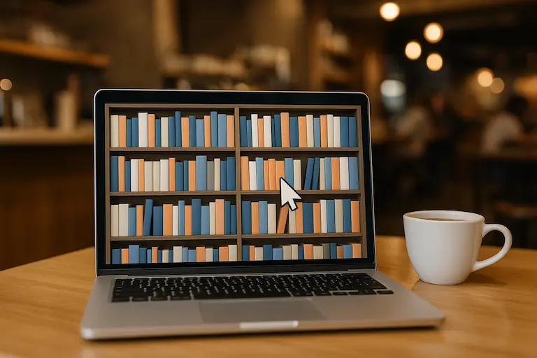 A laptop displaying a digital bookshelf on screen, with a coffee cup beside it in a cozy café setting